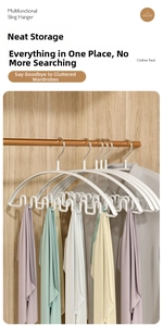 Detail of white wave-shaped multifunctional sling hanger for organized closet storage