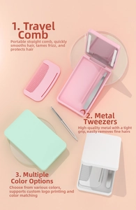 Detail of travel LED makeup mirror set with storage case, folding comb and tweezers