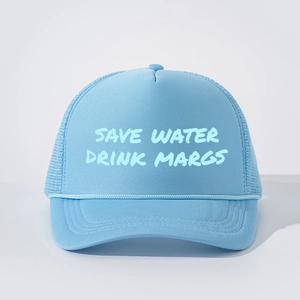 Detail of light blue trucker hat featuring Save Water Drink Margs text and woven rope