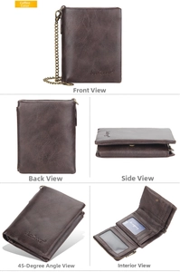 Multi-angle view of coffee vintage men's wallet with chain and multiple card slots
