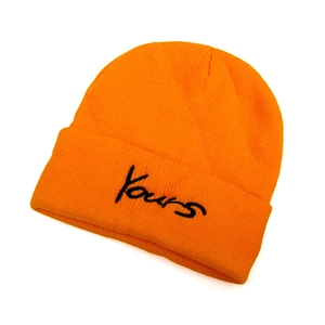 Orange knitted beanie featuring black YOURS embroidery on a minimalist white background