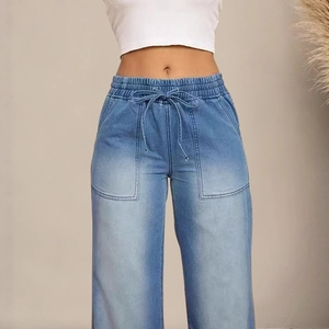 Lichtblauwe wide-leg jeans voor dames met elastische tailleband, trekkoord en zakken