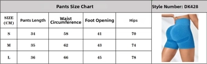 Size chart for seamless high-waist yoga shorts showing detailed S, M, and L measurements