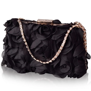 Elegant black chiffon rose flower clutch bag with gold rhinestone clasp and chain strap