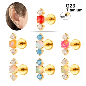 G23 Titanium Labret Lip Ring Stud Flat Bottom Internally Threaded With Synthetic Opal Cubic Zirconia Piercing Jewelry