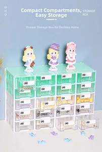 Close-up of a multi-layer green desk storage box with transparent small drawers for small items