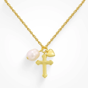 Elegant gold cross necklace with natural freshwater pearl and solid heart pendants
