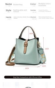 Detailed size specifications for the mint green bucket bag with dimensions and capacity info