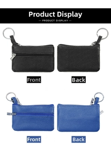 Detail view of mini leather coin purses in black and blue with zippers and keyrings