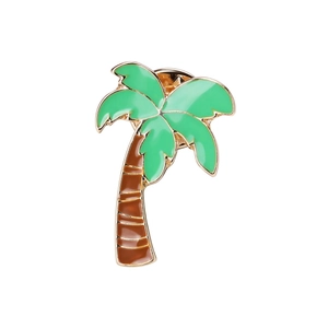 Coconut tree enamel brooch with brown trunk and green leaves on white background