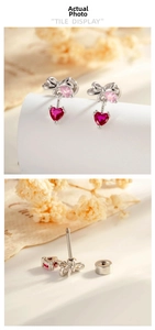 Close-up of bow earrings with pink heart pendant and secure screw-back design