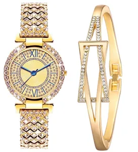 Set orologio al quarzo di lusso dorato con strass e bracciale geometrico coordinato