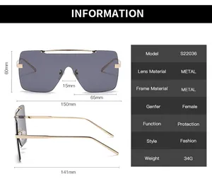 Detaillierte Maße der übergroßen quadratischen randlosen Sonnenbrille mit Metallbügeln