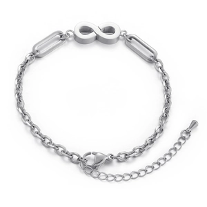 Silver infinity symbol chain bracelet in stainless steel with adjustable lobster clasp