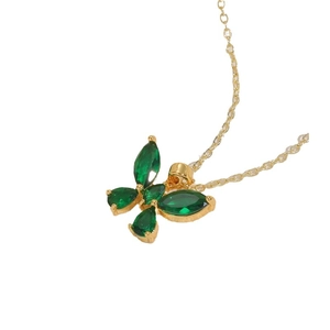 14K gold plated butterfly pendant necklace with green marquise zircon stones