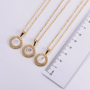 Gold letter A B C pendant necklace with rhinestones and mother of pearl inlay