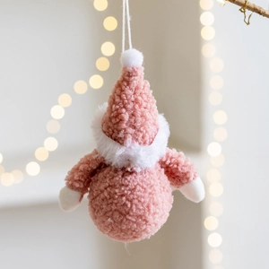 Pink plush fabric Santa doll ornament with white pom pom for Christmas tree decoration