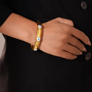 French Vintage Titanium Steel Evil Eye Bangle For Women Gold Plated Blue Enamel Open C-Shape Niche Design Bracelet Jewelry Gift