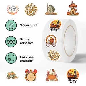 500pcs roll of autumn scenery stickers featuring cute animals and waterproof design