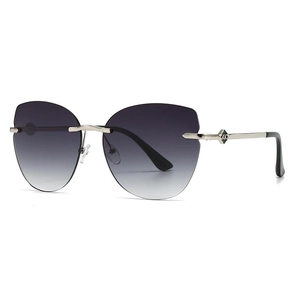 Modern retro cat-eye rimless sunglasses with gradient grey-purple lenses and silver frame
