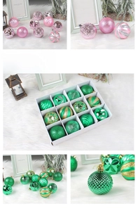 Detail of pink and green Christmas ornaments with glitter and matte finishes on fur