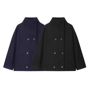 Women Short Coat Double Breasted Wool Like Jacket Stand Collar Solid Color Elegant Long Sleeve Chic Casual Outerwear