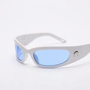 Retro Y2K white frame sports sunglasses with light blue lenses and crescent moon decor