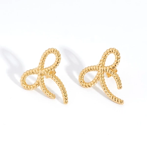 Golden 18K stainless steel bow earrings with twisted rope texture in a 3D fashion design