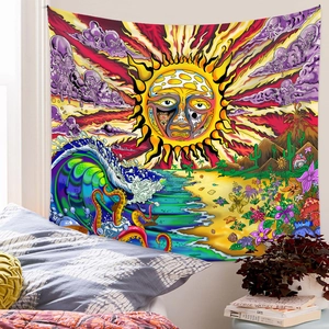 Détail de l'impression numérique d'une tapisserie psychédélique soleil pour déco de chambre
