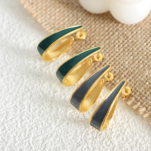 Golden titanium steel geometric earrings with green enamel waterdrop design