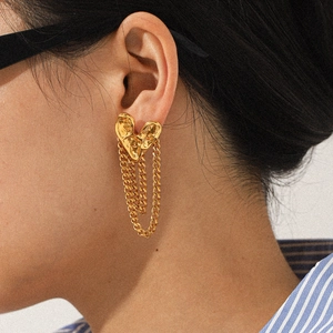 Elegant 18k gold stainless steel long tassel heart earrings worn by a model