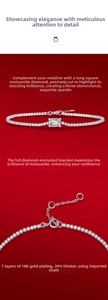 Detail of 925 silver moissanite bracelet with emerald cut stone and 18K gold plating