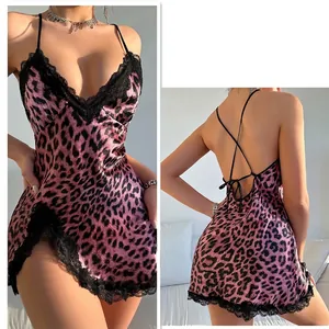 Pink leopard print satin nightdress with black lace V-neck and crisscross back
