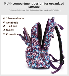 Detail view of large capacity purple nylon backpack with multi-compartment storage pockets