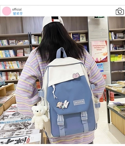 Detailansicht des Canvas-Rucksacks mit blauen Kontrasttaschen und süßem Bärenanhänger