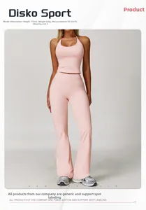 Slim fit halter backless sports top and high waist flared yoga pants in light pink