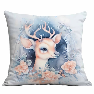 Detail of blue Christmas pillow cover featuring a dreamy deer illustration on white fabric