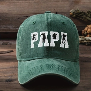 Detail of army green washed baseball cap with PAPA letter embroidery and soldier silhouette