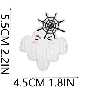 Detail view of ghost patch with spider web embroidery and dimensions 5.5cm x 4.5cm
