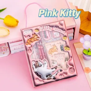 Pink Kitty stationery set details including pencils and rulers on a bright desk