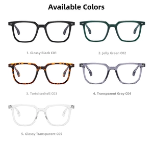 Vue détaillée de montures de lunettes carrées en cinq coloris, dont noir et écaille
