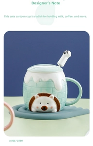 Detail of green ceramic hedgehog mug with snow-glaze rim and cute paw-shaped spoon