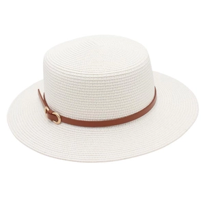 Close-up of a white boater hat featuring a thin brown leather belt and golden metal buckle
