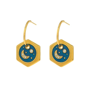 Goldene Stern- und Mond-Ohrringe mit blauem Emaille und Kristallen im sechseckigen Design