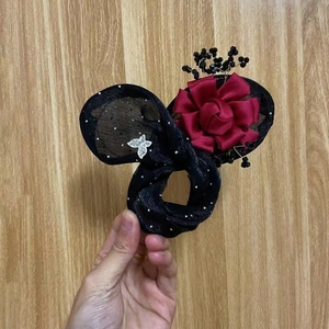 Elegant Mickey ear headband with black mesh, red roses, and vintage tassels for hair styling