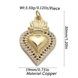 Detailed view of 18K gold-plated copper heart pendant with red and white zircon accents