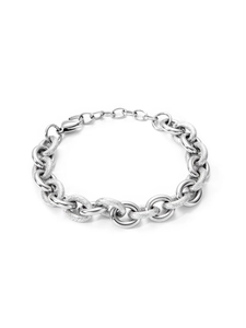 Detail of silver chain bracelet with alternating polished and matte textured metal rings
