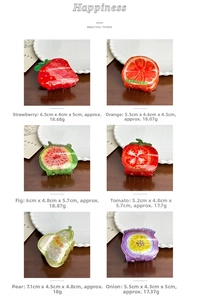 Detail grid of colorful fruit and vegetable hair claws with dimensions and names