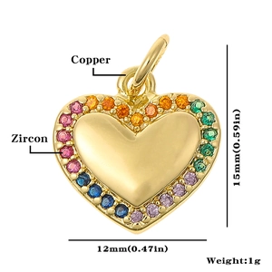 Macro detail of copper heart pendant with colorful zircon stones and 15mm size labels