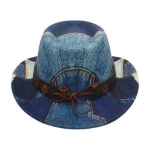 Kids vintage American denim patchwork fedora hat with brown leather band for boys and girls
